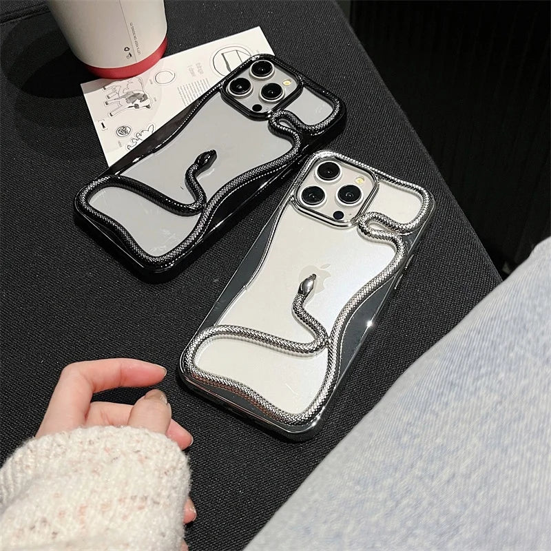 3D Snake Pattern Luxury Plating Phone Case For iPhone 16 15 14 Plus 13 12 11 Pro Max Hollow Out Shockproof Proteciton Soft Cover