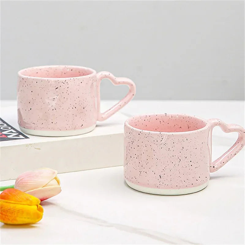 Korean ins Ceramics Cup Breakfast milk oatmeal cup Pink Love shape handle Coffee Mug Water cup For Office Valentine's Day gifts