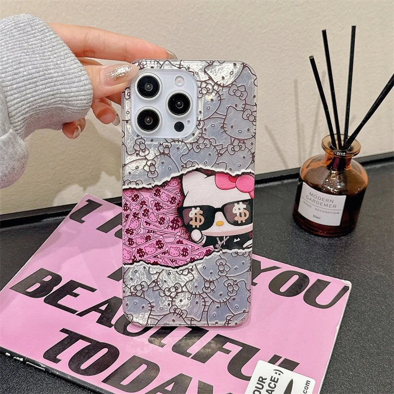 Hello Kitty Money Sunglasses KT Cat Strap Phone Case For iPhone 16 15 14 12 13 11 Pro Max XR XS MAX 7 8 PLUS MINI Y2K Girl Cover