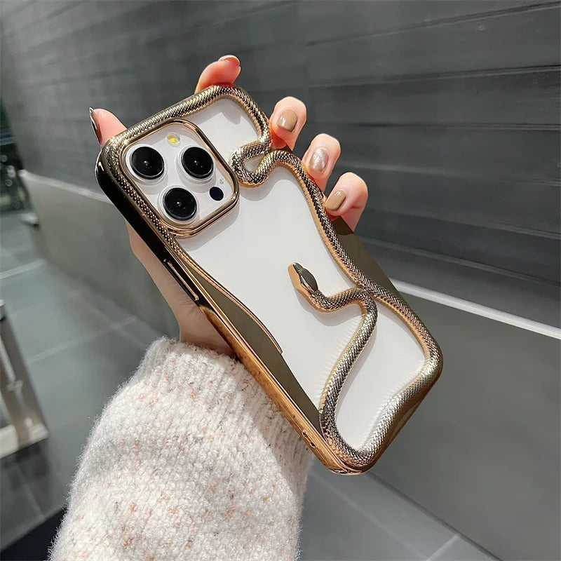 3D Snake Pattern Luxury Plating Phone Case For iPhone 16 15 14 Plus 13 12 11 Pro Max Hollow Out Shockproof Proteciton Soft Cover