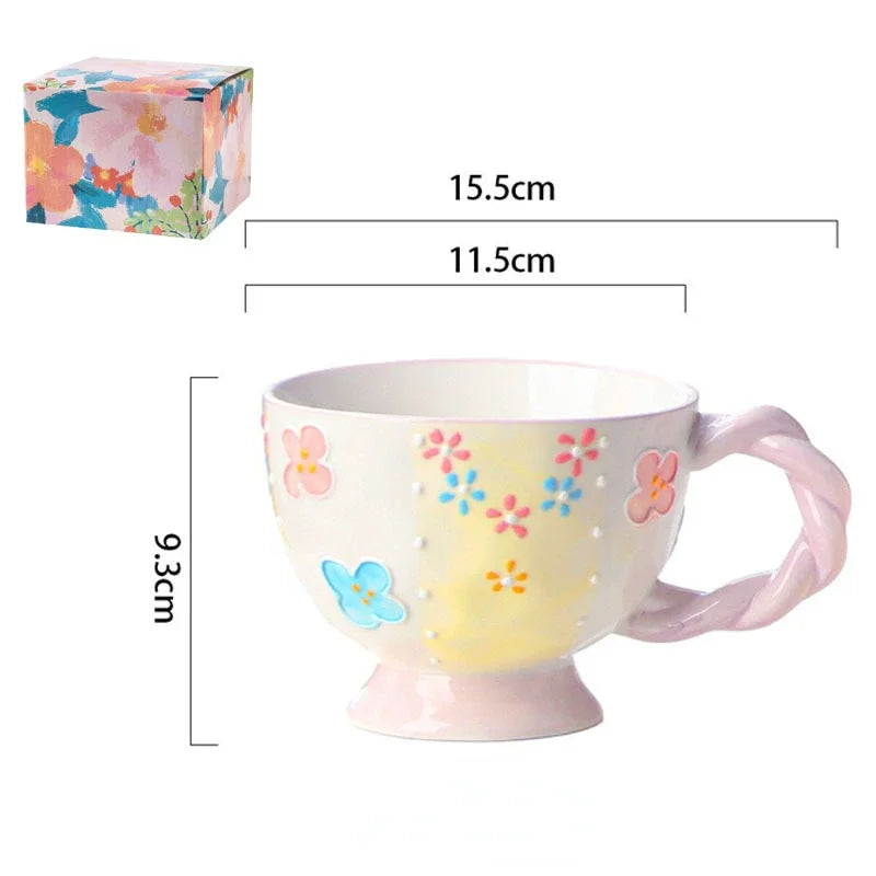 Cute Ceramic Mug Hand-painted Embossed Breakfast Cup 450ML Home Oatmeal Cups Breakfast Mugs Creative Milk Cups Coffee Cups