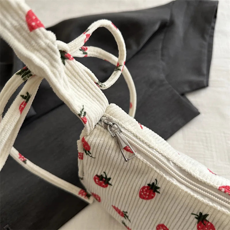 Women Small Underarm Bag Corduroy Handbag Cute Strawberry Print Little Tote Half Moon Design Eco Cloth Purse Mini Shoulder Bags