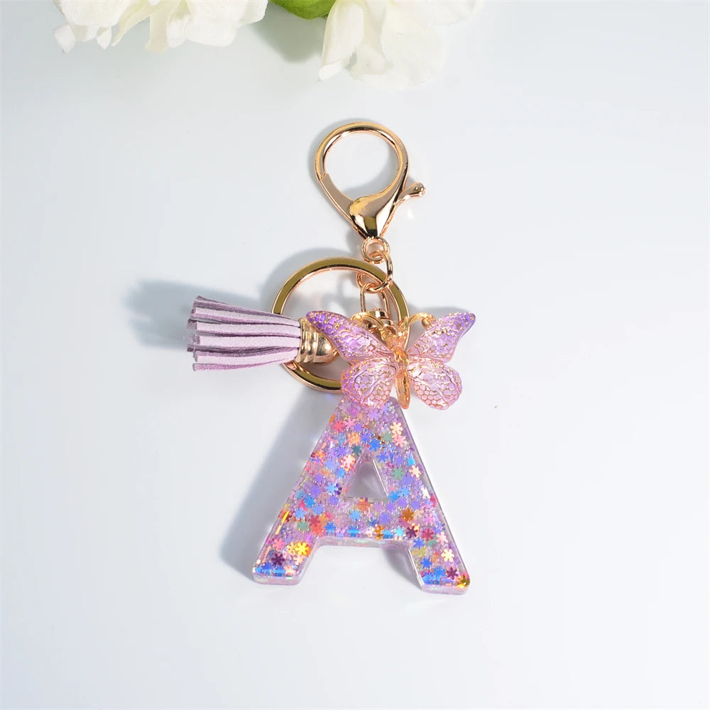 A-Z Dreamy Sequin Letters Keychain for Women Tassel Butterfly Pendant Initial Keyring Purse Suspension Bags Charms Car Key Chain