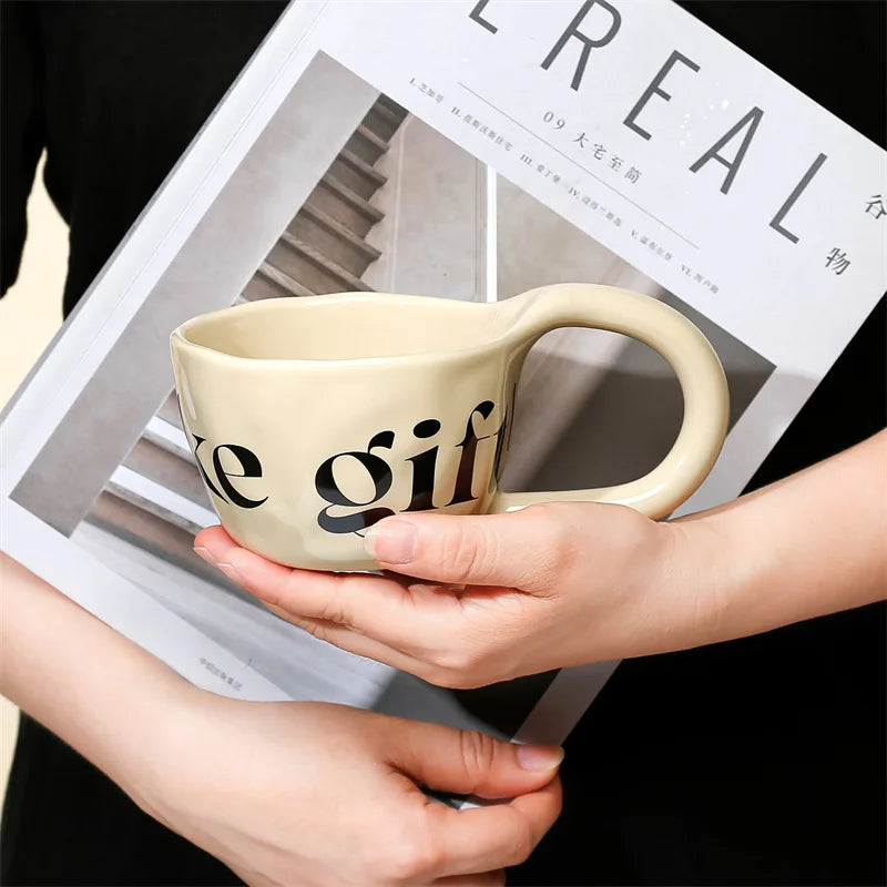 350ml English alphabet Large Handle Ceramic Mug Hand Pinched Irregular Coffee Cups Milk Oatmeal Cup Home Office Water Cups