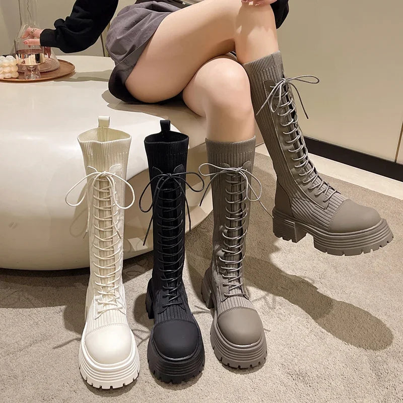 Rimocy 2024 Autumn Winter New Chunky Platform Long Boots Women Thick-soled Stretch Knitted Knee High Boots Woman Botas De Mujer