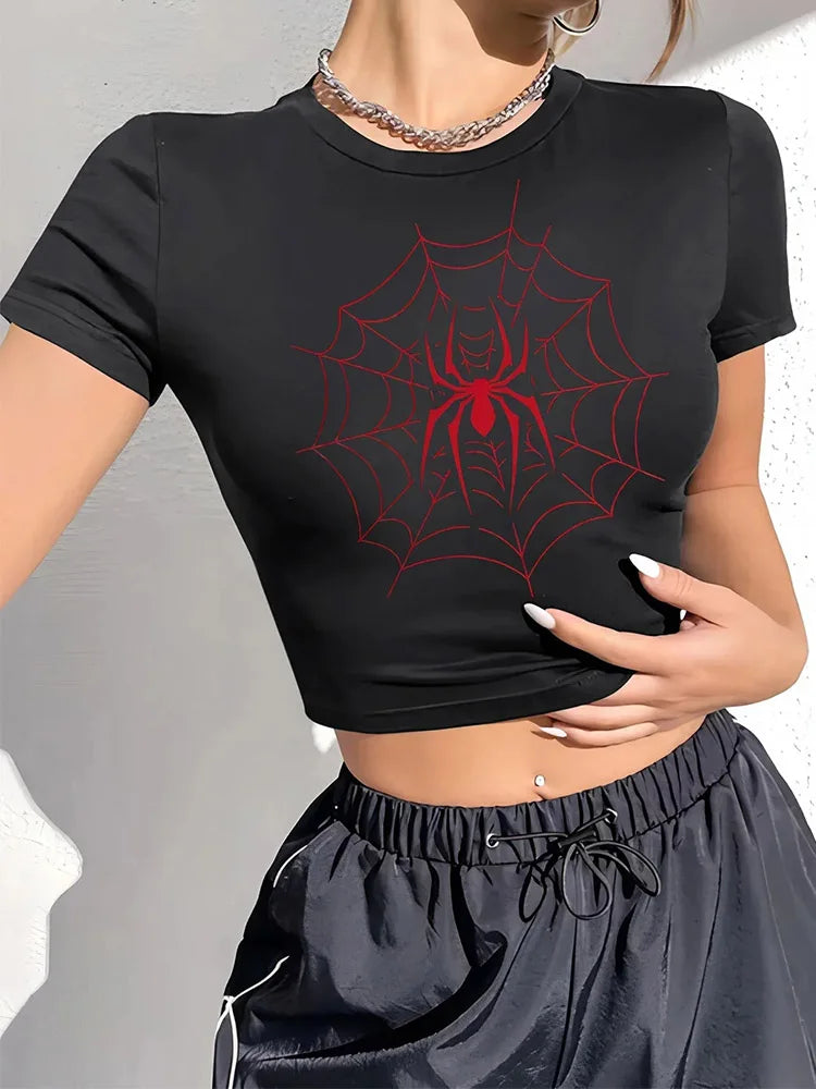 Women's Spider Print Round Neck Short Sleeve Slim Fit Cropped Top T-Shirt Women Clothes Aesthetic Clothes