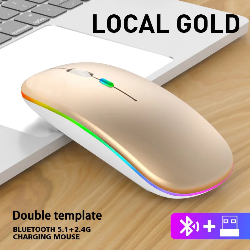 Wireless Mouse Bluetooth and 2.4GHz Dual Modes Rechargeable RGB Ergonomic Silent Click for PC iPad Laptop Cell Phone TV