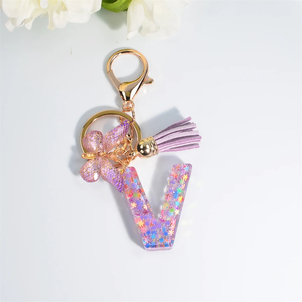 A-Z Dreamy Sequin Letters Keychain for Women Tassel Butterfly Pendant Initial Keyring Purse Suspension Bags Charms Car Key Chain