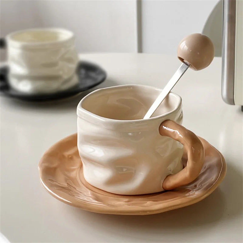 Exquisite Pleated design Ceramics Coffee Cup and Saucer Set 230ml Ceramics Mug Afternoon tea cup Couple Water cup Breakfast milk