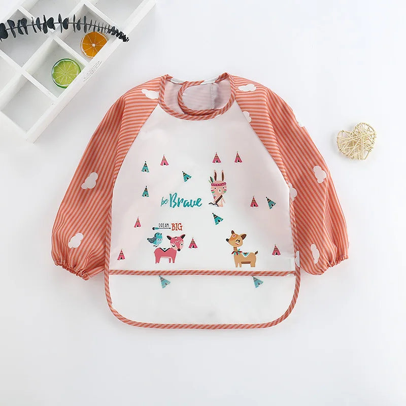 Baby Bibs Cute Colorful Cartoon Waterproof Bib Infant Eating Children Drawing Long Sleeve Pocket Apron Self Feeding Baby 0-3Y