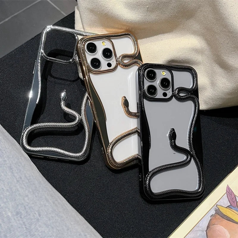 3D Snake Pattern Luxury Plating Phone Case For iPhone 16 15 14 Plus 13 12 11 Pro Max Hollow Out Shockproof Proteciton Soft Cover