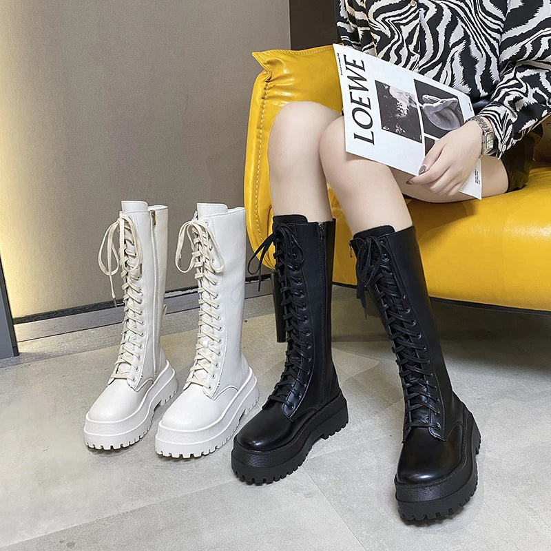 Chunky Platform Punk Boots Women Thick Bottom PU Leather Knee High Boots Woman Autumn Winter Fashion Motorcycle Botas Mujer 2024