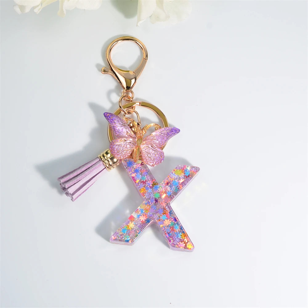 A-Z Dreamy Sequin Letters Keychain for Women Tassel Butterfly Pendant Initial Keyring Purse Suspension Bags Charms Car Key Chain