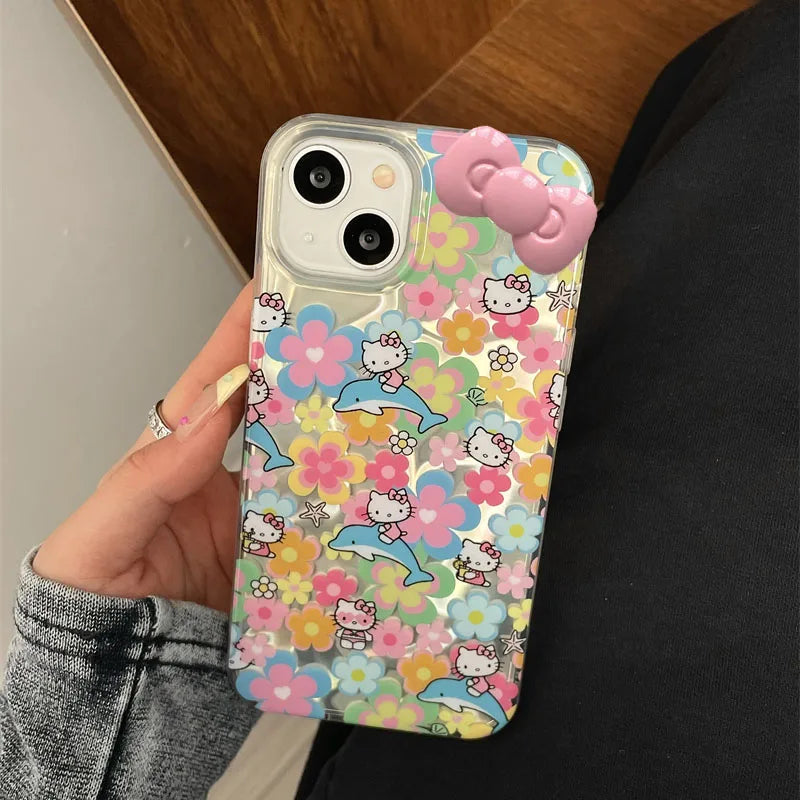 Full Screen Flower Hello Kitty Bow Mirror Strap Phone Case For iPhone 16 15 14 12 13 11 Pro Max XR XS MAX 7 8PLUS MINI Y2K Cover