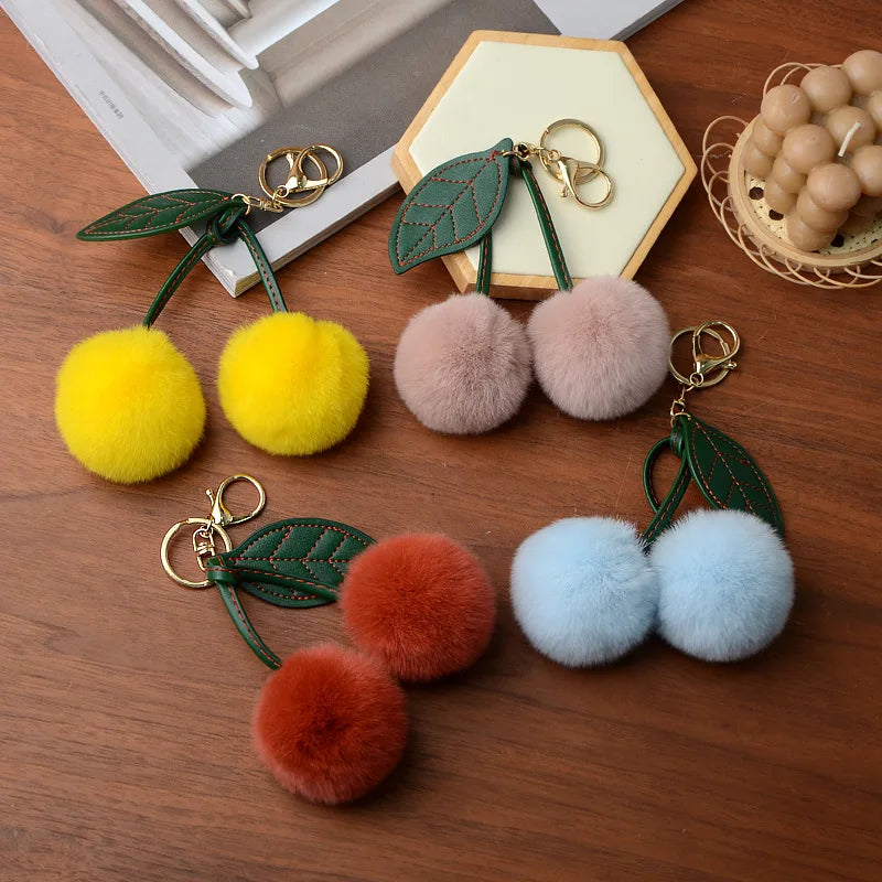 New Otter Rabbit Hair Cherry Multi-color Car Keychain Pendant Cute Pompom Doll Doll Bag Bag Hanging Key Chains for Women Gift