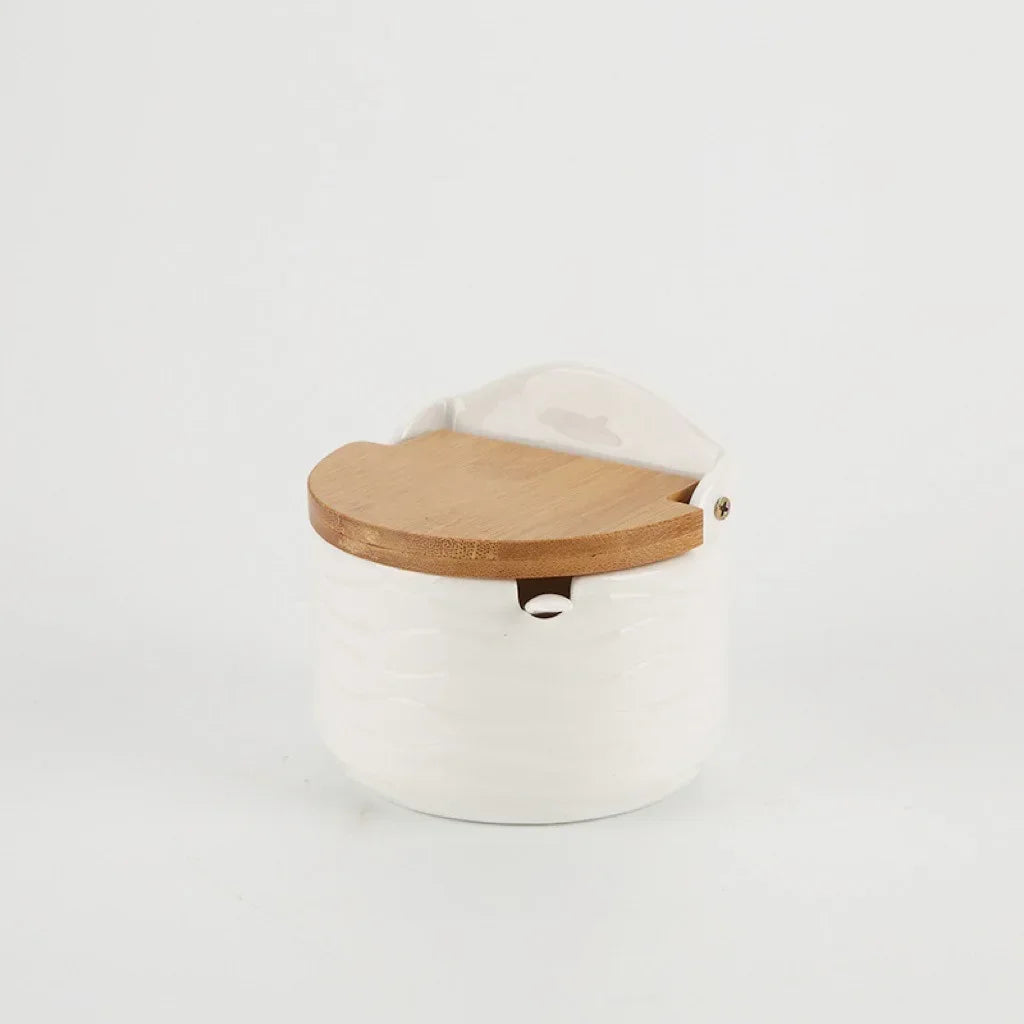 White Ceramic Seasoning Jar Japanese Style Bamboo Lid Spice Jar with Spoon Household Container Sugar Salt Spices Storage Box