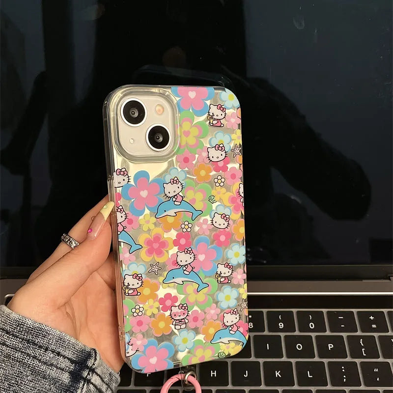 Full Screen Flower Hello Kitty Bow Mirror Strap Phone Case For iPhone 16 15 14 12 13 11 Pro Max XR XS MAX 7 8PLUS MINI Y2K Cover