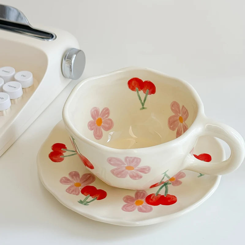 Korean Style Flower pattern Ceramic Cup and Saucer Set Hand Pinched Irregular Coffee Cup Milk Cup Afternoon Tea Tableware Gifts