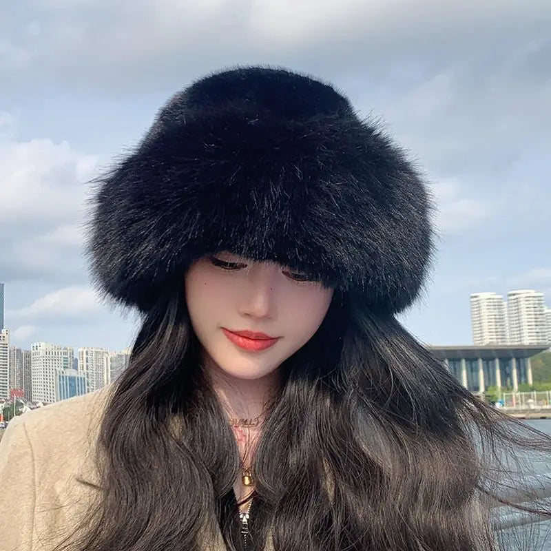 2024 Y2K Fluffy Faux Fur Bucket Hat Women Rabbit Fur Warm Thick Plush Winter Hat Lady Luxury Fashion Furry Panama Fisherman Cap