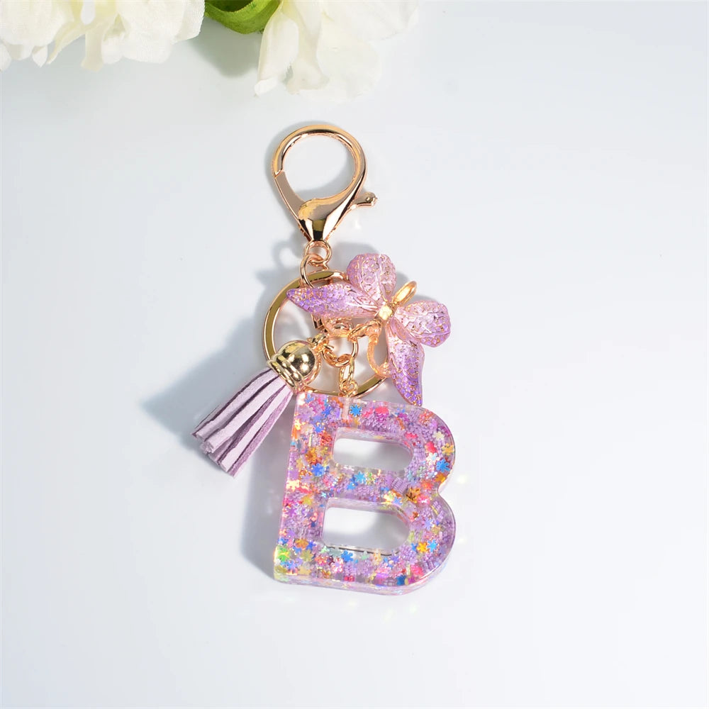 A-Z Dreamy Sequin Letters Keychain for Women Tassel Butterfly Pendant Initial Keyring Purse Suspension Bags Charms Car Key Chain