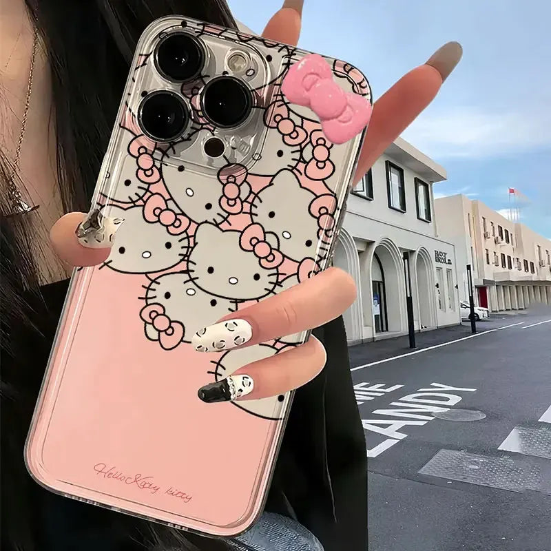 Sanrio Hello Kitty Full Screen KT BOW Pink Lovely Phone Case For iPhone 15 14 12 13 11 Pro Max XR XS MAX 7 8 PLUS MINI Y2K