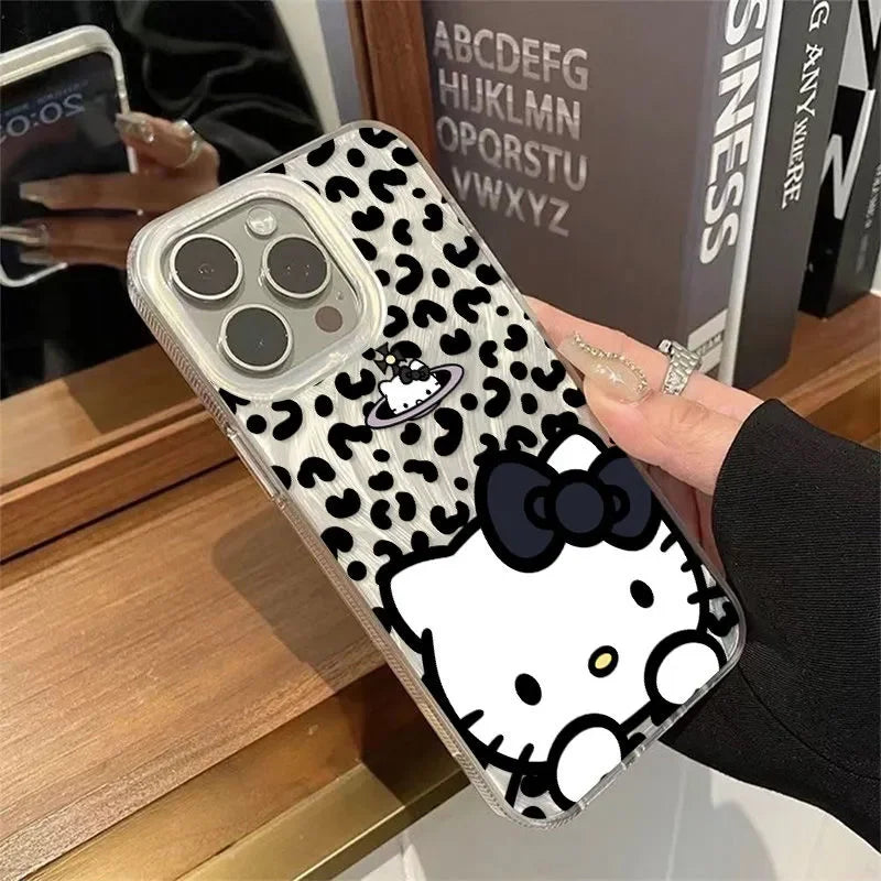 Hello Kitty Leopard Print Bow Strap Kawaii Phone Case For iPhone 16 15 14 12 13 11 Pro Max XR XS MAX 7 8PLUS MINI Y2K Girl Cover