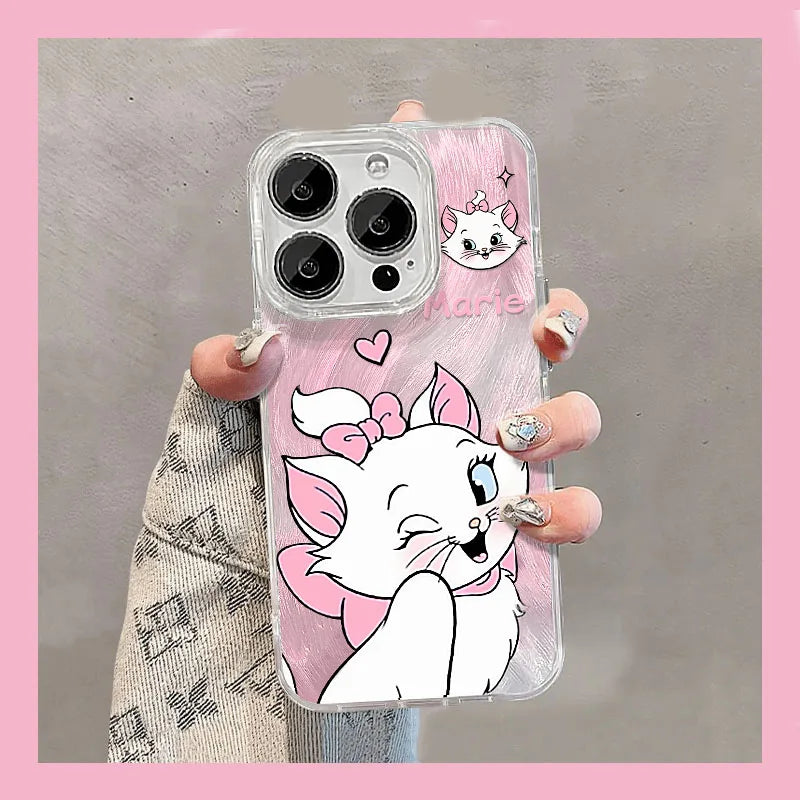 Wink Mary Cat Bow Feather Yarn Cartoon Phone Case For iPhone 16 15 14 12 13 11 ProMax XR XSMAX 7 8 PLUS MINI Y2K Cute Girl Cover