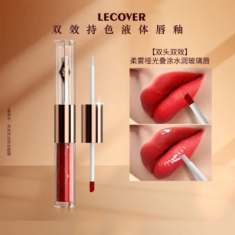 LECOVER Double-head Lip Gloss Essence Lipstick Non-stick Cup Long-lasting Lip Glaze Waterlight Mirror Lip Gloss Makeup Cosmetics