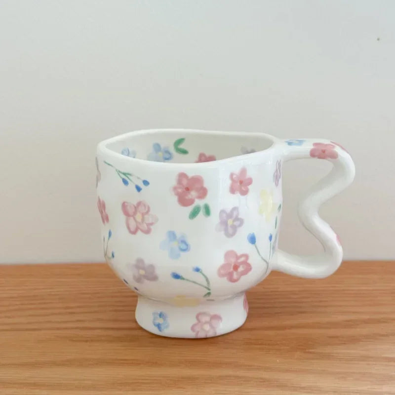 Floral Ceramic High Footed Mug Coffee Cup Hand Pinched Irregular Flower Milk Tea Cup Oatmeal Breakfast Mug Juice Cups Drinkware