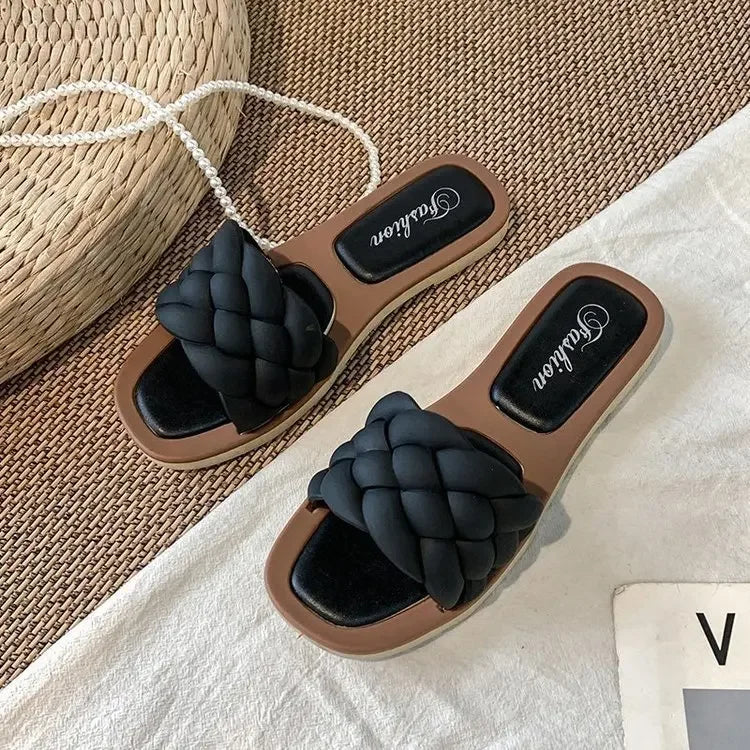 Summer 2022 Trend Braided Slippers Women Flat Outdoor Weave Slides Rubber Sole Open Toe Beach Casual Sandals Ladies Cozy Shoes