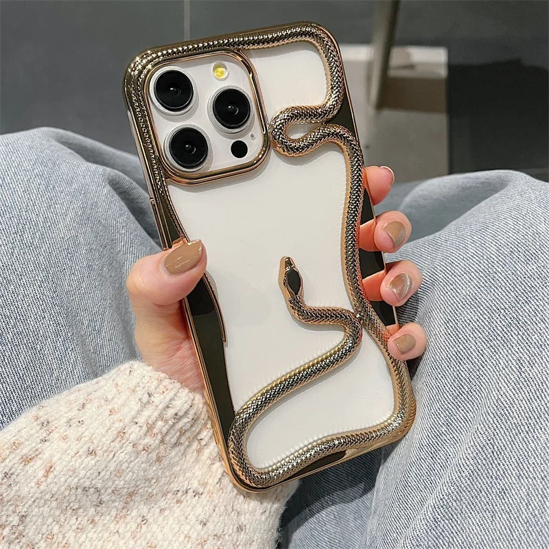 3D Snake Pattern Luxury Plating Phone Case For iPhone 16 15 14 Plus 13 12 11 Pro Max Hollow Out Shockproof Proteciton Soft Cover