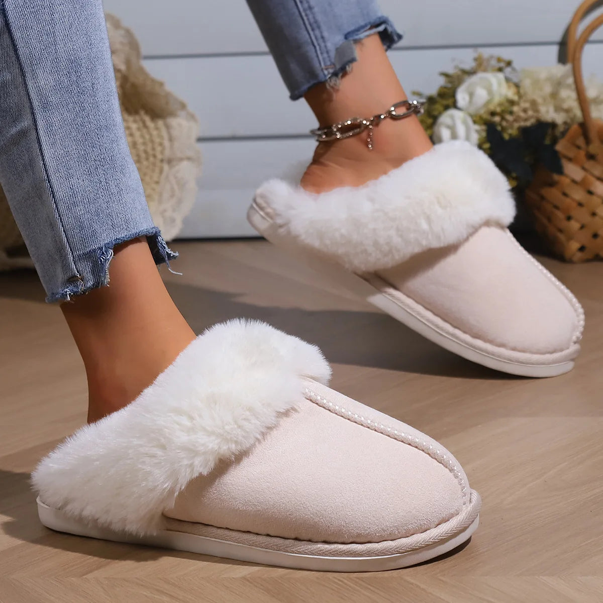 2023 Winter Warm Fur Indoor Home Slippers Women Fluffy Comfort Soft Bedroom Slippers for Couples Flat Non Slip House Shoes Woman