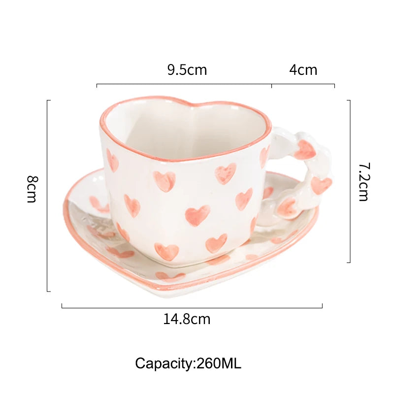 Novelty Hand Painted Love Ceramics Mug Heart Shape Coffee cup with Saucer Romantic Gifts Afternoon tea Cup Breakfast milk cups