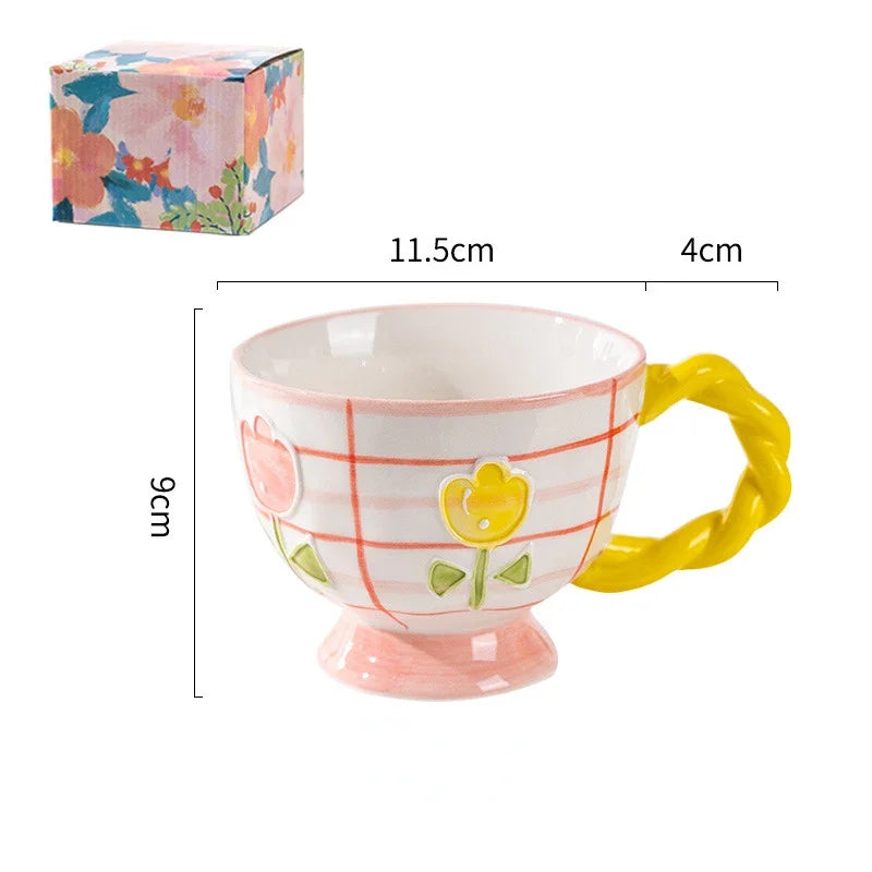 Cute Ceramic Mug Hand-painted Embossed Breakfast Cup 450ML Home Oatmeal Cups Breakfast Mugs Creative Milk Cups Coffee Cups