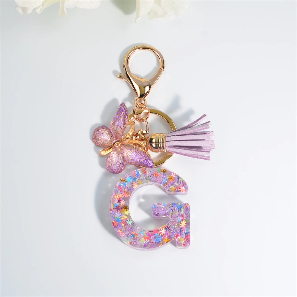 A-Z Dreamy Sequin Letters Keychain for Women Tassel Butterfly Pendant Initial Keyring Purse Suspension Bags Charms Car Key Chain