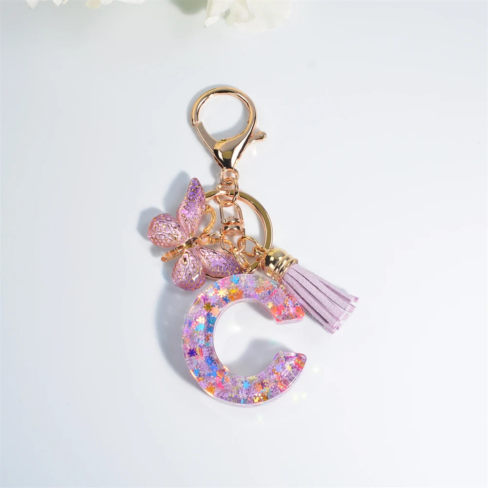 A-Z Dreamy Sequin Letters Keychain for Women Tassel Butterfly Pendant Initial Keyring Purse Suspension Bags Charms Car Key Chain