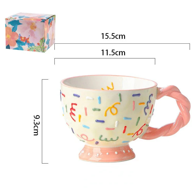 Cute Ceramic Mug Hand-painted Embossed Breakfast Cup 450ML Home Oatmeal Cups Breakfast Mugs Creative Milk Cups Coffee Cups