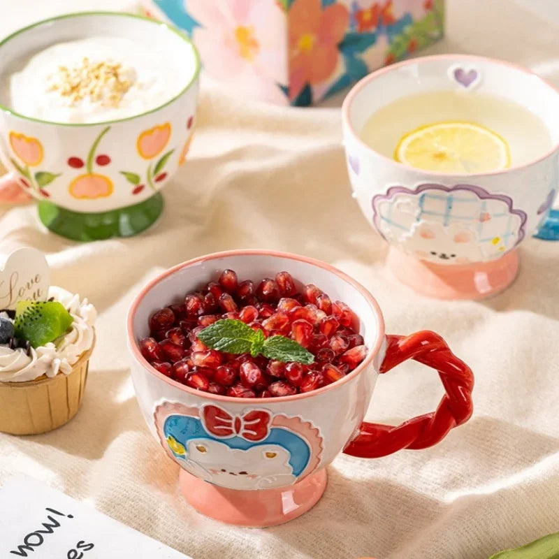 Cute Ceramic Mug Hand-painted Embossed Breakfast Cup 450ML Home Oatmeal Cups Breakfast Mugs Creative Milk Cups Coffee Cups