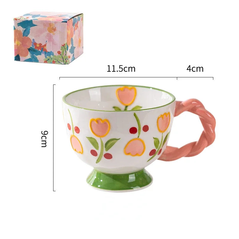 Cute Ceramic Mug Hand-painted Embossed Breakfast Cup 450ML Home Oatmeal Cups Breakfast Mugs Creative Milk Cups Coffee Cups