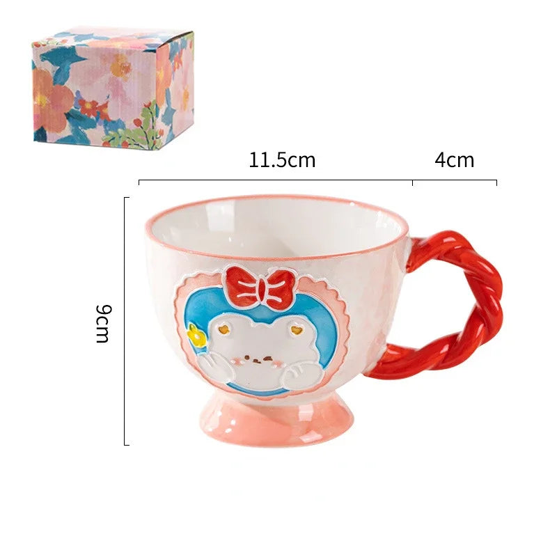 Cute Ceramic Mug Hand-painted Embossed Breakfast Cup 450ML Home Oatmeal Cups Breakfast Mugs Creative Milk Cups Coffee Cups