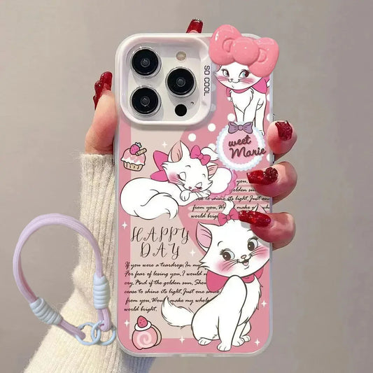 Disney Marie Cat Pink Bow Strap Cute Kawaii Phone Case For iPhone 16 15 14 12 13 11 Pro Max XR XS MAX 7 8 PLUS MINI Y2K Cover