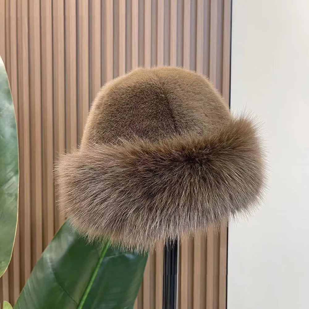 2024 Y2K Fluffy Faux Fur Bucket Hat Women Rabbit Fur Warm Thick Plush Winter Hat Lady Luxury Fashion Furry Panama Fisherman Cap