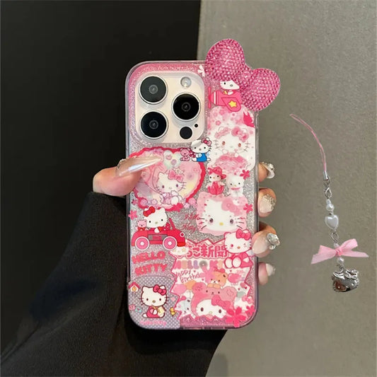 Hello Kitty Shiny Pink Diamond Bow Strap Cute Phone Case For iPhone 16 15 14 12 13 11 Pro Max XR XS MAX 7 8 PLUS MINI Y2K Cover