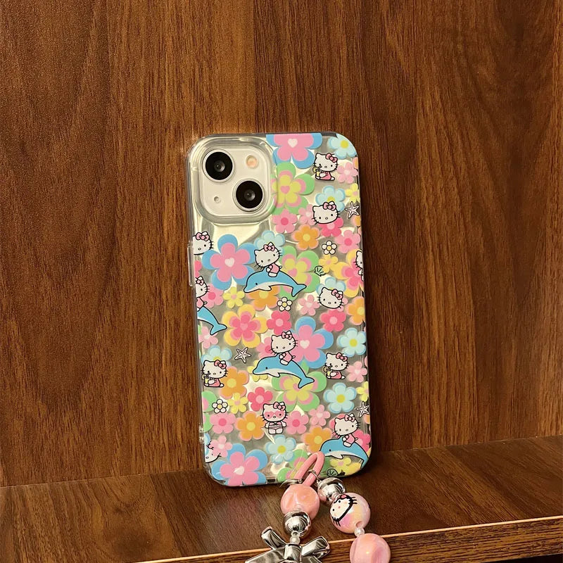 Full Screen Flower Hello Kitty Bow Mirror Strap Phone Case For iPhone 16 15 14 12 13 11 Pro Max XR XS MAX 7 8PLUS MINI Y2K Cover