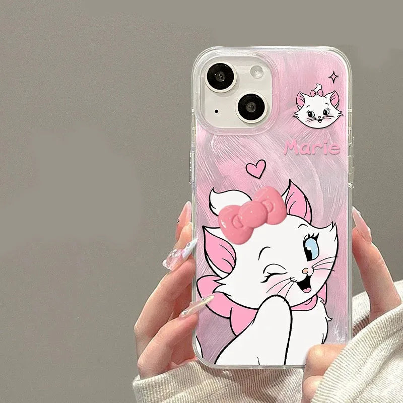 Wink Mary Cat Bow Feather Yarn Cartoon Phone Case For iPhone 16 15 14 12 13 11 ProMax XR XSMAX 7 8 PLUS MINI Y2K Cute Girl Cover