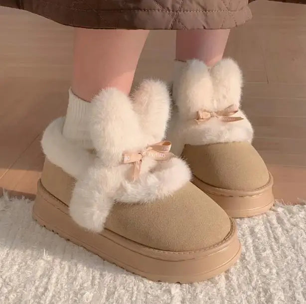 Women Snow Boots Fur Integrated Thick Soled Snow Boots For Women In Winter, Warm And Versatile Indoor Outdoor Boots Cute Rabbit