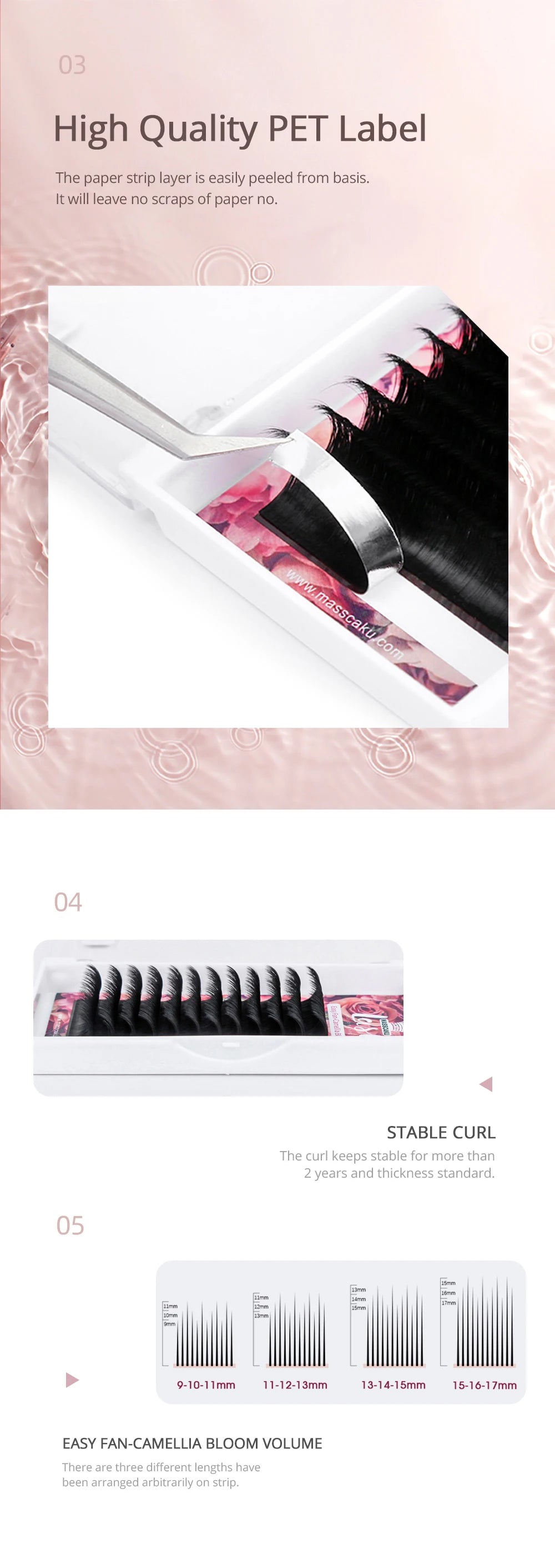 MASSCAKU C CC D DD Curl Self-making Fans Volume Lash Extensions Matte Black 8-16mm Mixed Size Camellia Blooming Eyelash Tray