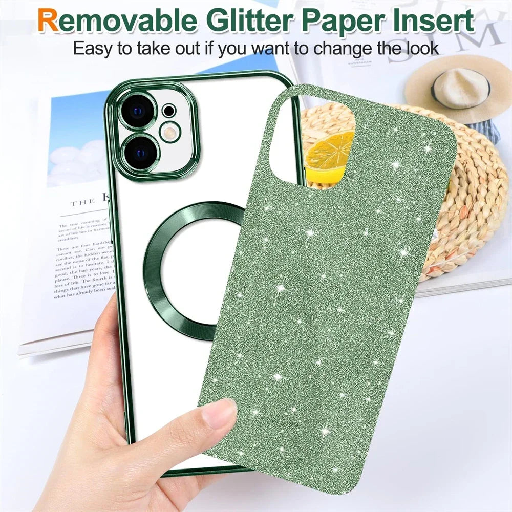 Electroplate Glitter Case For iPhone 16 15 14 13 12 11 Pro Max Plus For Magsafe Wireless Charge Bumper Cover With Lens Protector