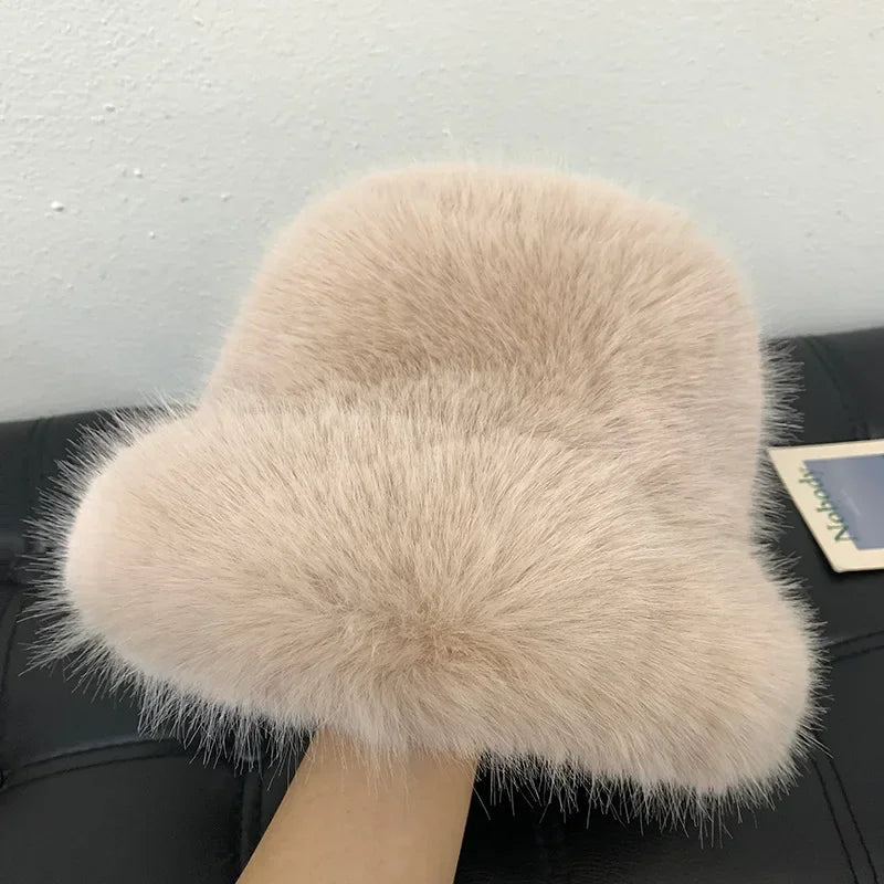 2024 Fluffy Faux Fur Bucket Hats Women Rabbit Fur Warm Thick Plush Winter Hat Lady Fashion Luxury Panama Furry Fisherman Cap Y2k