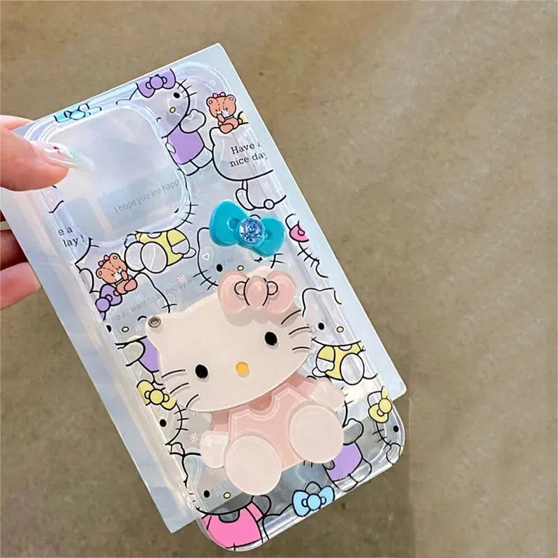 Sanrio Hello Kitty Stand Blue Bow Phone Case For iPhone 15 14 12 13 11 Pro Max XR XS MAX 7 8 PLUS MINI Y2K Cartoon Girl Cover